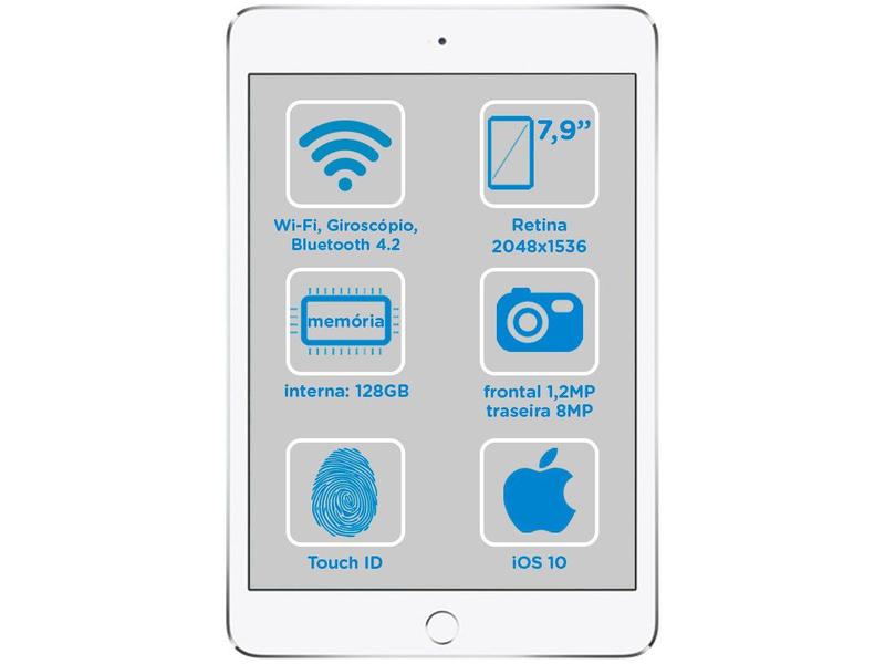 iPad Mini 4 Apple 128GB Prata Tela 7,9” Retina - Proc. Chip A8 Câm